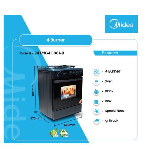 MIDEA 4 BURNERS 60X60 GRILL GAS COOKER 24TMG4G081 B BLACK CompuGhana midea-4-burners-60x60-grill-gas-cooker-24tmg4g081-b-black-compughana