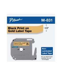 M831 12MM (0.47") BLACK ON GOLD NON-LAMINATED TAPE FOR P-TOUCH 8M (26.2 FT)